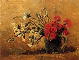 Yellow Red Blue Paintings - Vase with Red and White Carnations on a Yellow Background by Vincent van Gogh